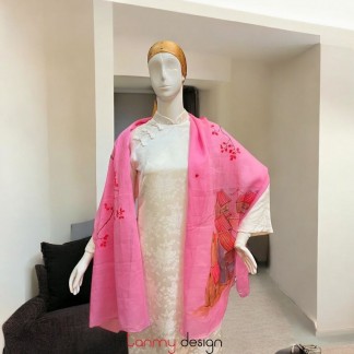 Khăn gai dài màu hồng sen vẽ tay hình phố cổ 70*190cm